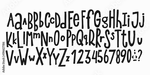 Doodle simple primitive kids alphabet, vector hand drawn letters elements. For kids books, posters, postcard typography