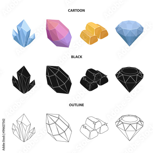 Crystals, minerals, gold bars. Precious minerals and jeweler set collection icons in cartoon,black,outline style vector symbol stock illustration web.