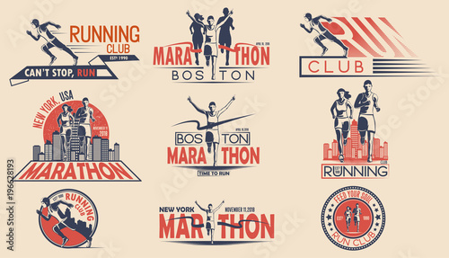 Set of design of logos, badges for running tournament, sports team, marathon. Vector illustration.