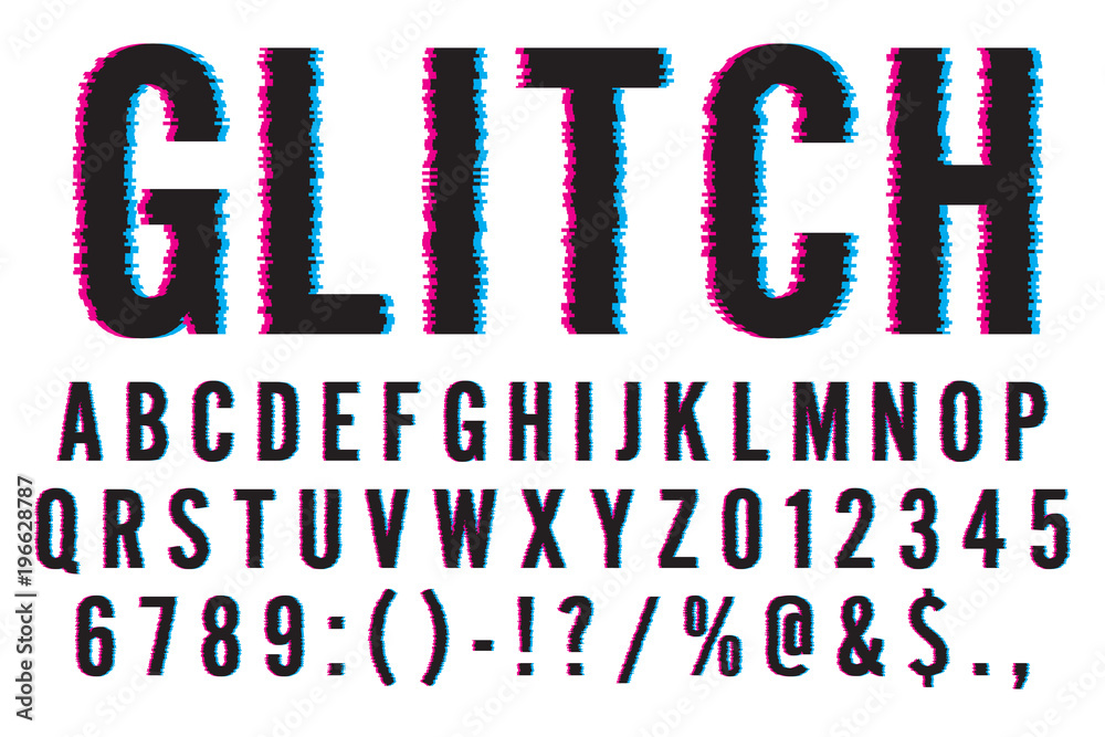 Trendy Distorted Glitch Font Typeface Letters, Numbers and Symbols Vector Illustration