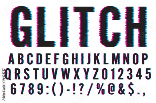 Trendy Distorted Glitch Font Typeface Letters, Numbers and Symbols Vector Illustration