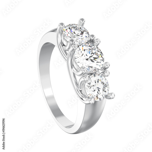 3D illustration isolated white gold or silver three stone diamond ring