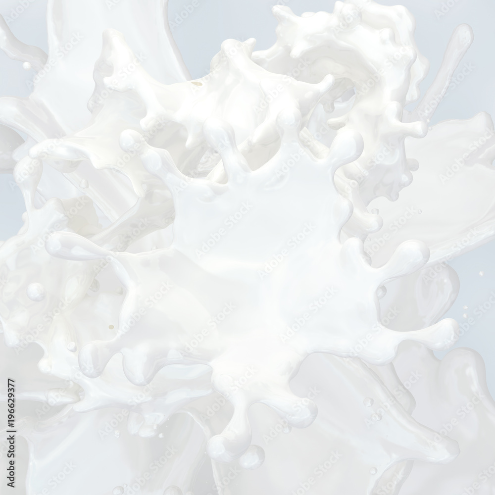 Fototapeta White liquid fresh milk, yogurt waves splash isolated on blue background. Glossy shining milk shake, vegan almond milk, soy, oat, coconut milk, yogurt, cream, shampoo. Liquid splashing 3D dairy