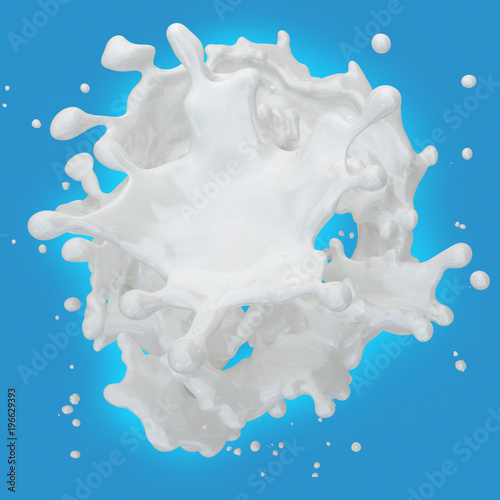 White liquid fresh milk, yogurt waves splash isolated on blue background. Glossy shining milk shake, vegan almond milk, soy, oat, coconut milk, yogurt, cream, shampoo. Liquid splashing 3D dairy