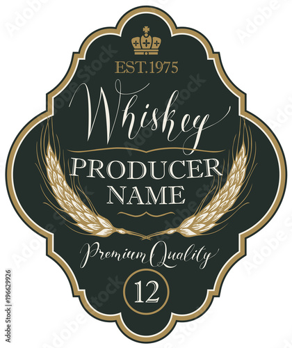 Vector label for whiskey in the figured frame with crown, ears of barley and handwritten inscription on black background in retro style