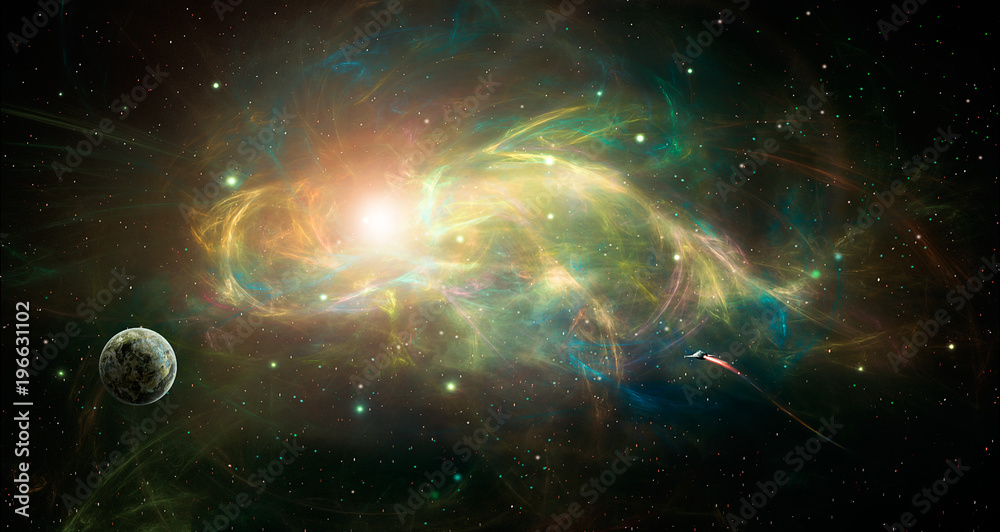 Space scene. Colorful nebula with planet and spaceship. Elements furnished by NASA. 3D rendering