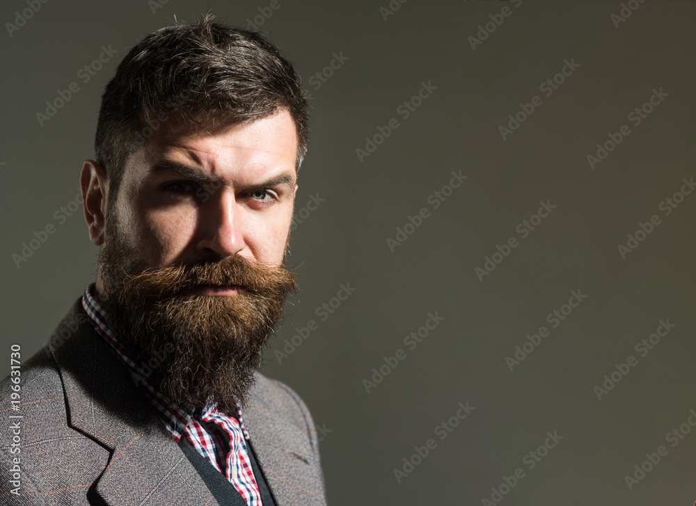 Retro style. Vintage fashion - man in suit, shirt, waistcoat. Confident  fashion man with beard and mustache. Elegant fashionable bearded man with  retro style. Perfect retro haircut. Copy space. Stock Photo |