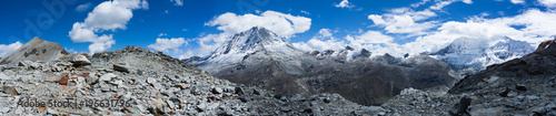 panorama view of the central Cordillera Blanca in the Andes in Peru with a view of Ranrapalca, Ishinca, Chinchey and others