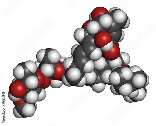 Abamectin insecticide molecule. 3D rendering. Atoms are represented as spheres with conventional color coding. photo