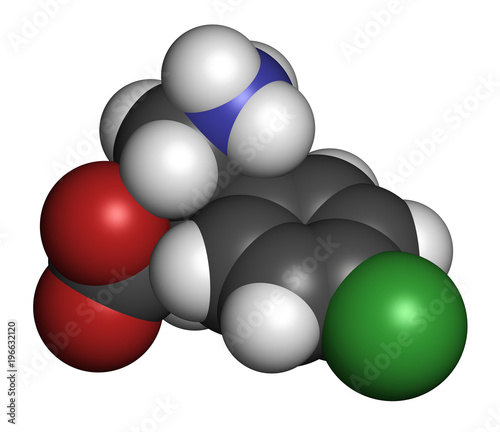 Baclofen drug molecule. 3D rendering. Atoms are represented as spheres with conventional color coding: hydrogen (white), carbon (grey), nitrogen (blue), oxygen (red), chlorine (green). photo