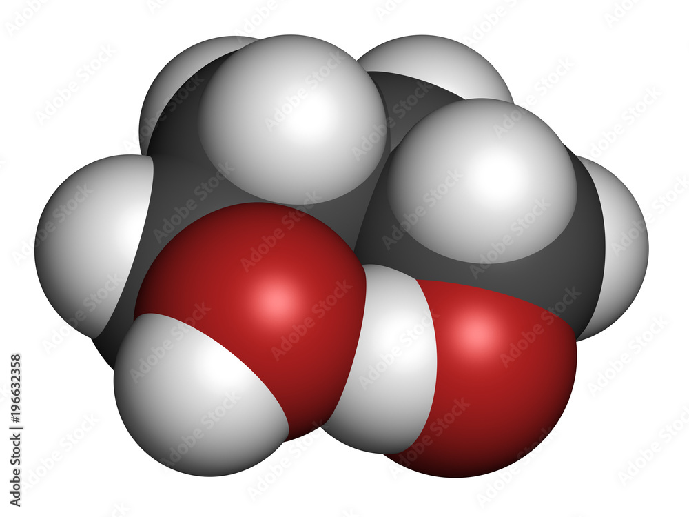 1,4-Butanediol solvent and recreational drug molecule. 3D rendering. Atoms are represented as spheres with conventional color coding: hydrogen (white), carbon (grey), oxygen (red).