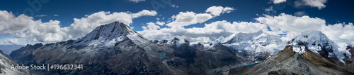 panorama view of the central Cordillera Blanca in the Andes in Peru with a view of Ranrapalca, Ishinca, Chinchey and others