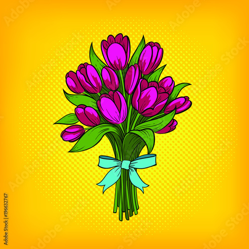 Retro comic hand drawn vector illustration of tulips bouquet on the golden background. Perfect for poster, card or banner.