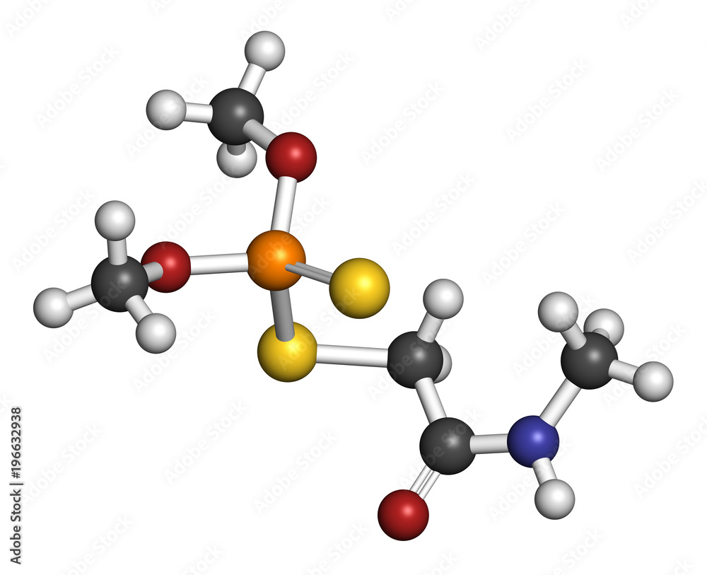 Dimethoate insecticide molecule. 3D rendering. Atoms are represented as spheres with conventional color coding: hydrogen (white), carbon (grey), etc