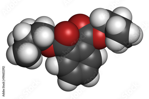 Diisobutyl phthalate (DIBP) plasticizer molecule. 3D rendering. Atoms are represented as spheres with conventional color coding: hydrogen (white), carbon (grey), oxygen (red).