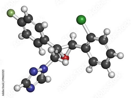 Epoxiconazole pesticide molecule. 3D rendering. Atoms are represented as spheres with conventional color coding: hydrogen (white), etc photo