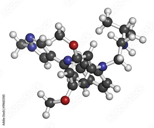 Erdafitinib cancer drug molecule (FGFR inhibitor). 3D rendering. Atoms are represented as spheres with conventional color coding: hydrogen (white), carbon (grey), nitrogen (blue), oxygen (red).
