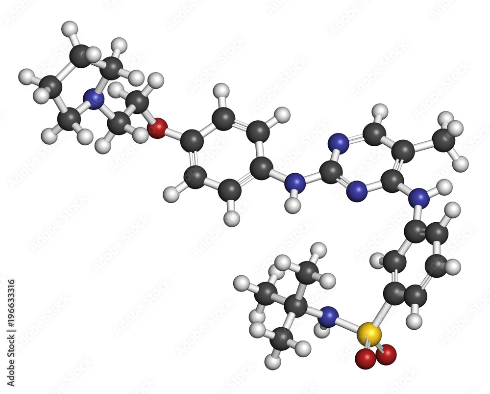 Fedratinib cancer drug molecule. 3D rendering. Atoms are represented as spheres with conventional color coding: hydrogen (white), carbon (grey), nitrogen (blue), oxygen (red), sulfur (yellow). Fedratinib cancer drug molecule. 3D rendering. Atoms are represented as spheres with conventional color coding: hydrogen (white), carbon (grey), nitrogen (blue), oxygen (red), sulfur (yellow).