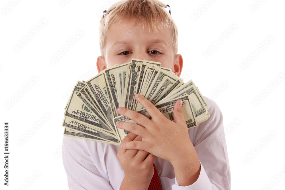 young cute boy holding lot of cash, american dollars young cute boy holding lot of cash, american dollars
