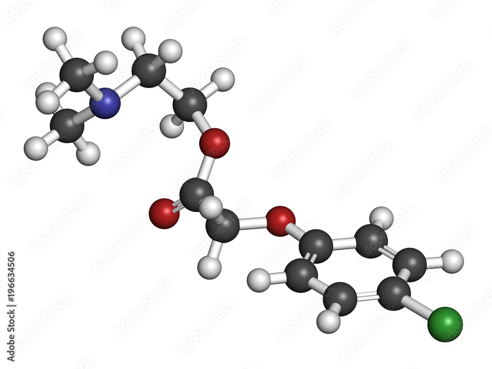 Meclofenoxate nootropic molecule. 3D rendering. Atoms are represented as spheres with conventional color coding: hydrogen (white), carbon (grey), oxygen (red), nitrogen (blue), chlorine (green). Meclofenoxate nootropic molecule. 3D rendering. Atoms are represented as spheres with conventional color coding: hydrogen (white), carbon (grey), oxygen (red), nitrogen (blue), chlorine (green).