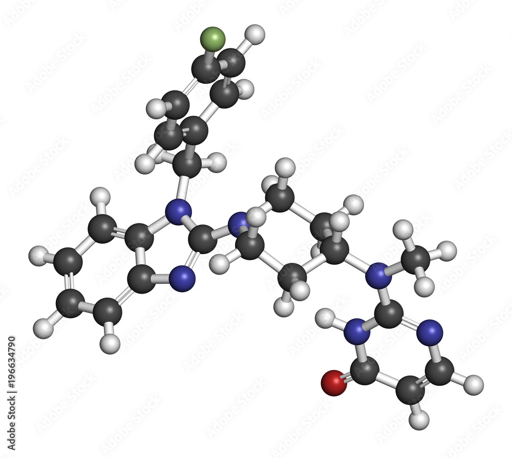 Mizolastine antihistamine drug molecule. 3D rendering. Atoms are represented as spheres with conventional color coding. Mizolastine antihistamine drug molecule. 3D rendering. Atoms are represented as spheres with conventional color coding.
