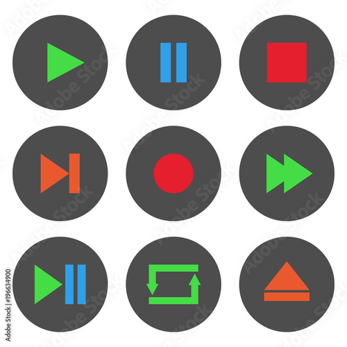 Colorful media player control buttons set. Play, pause, stop, record, forward, rewind, previous, next, eject, repeat  icon. Vector.