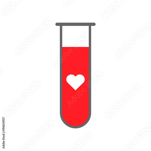 Medicine glass vial with red blood and white heart. Blood donation concept. Vector icon.