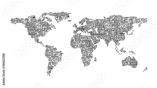 Black and white illustration of world map rendered as computer circuits representing communication and networking