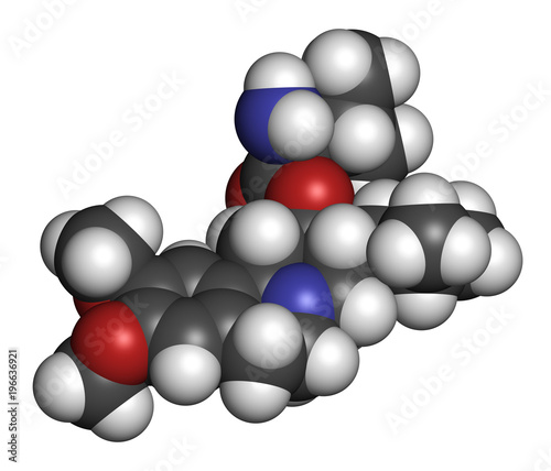 Valbenazine tardive dyskinesia drug molecule. 3D rendering. Atoms are represented as spheres with conventional color coding: hydrogen (white), carbon (grey), nitrogen (blue), oxygen (red). photo
