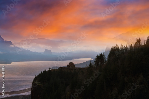 Crown Point at Columbia River Gorge during colorful Sunrise one early morning