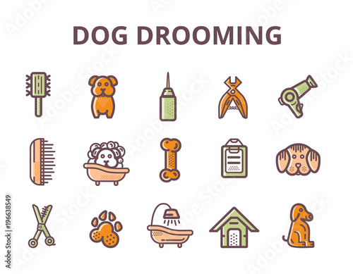 Set of dog grooming Line art Icons with sign of dog, bone, clipper, comb. Stylish animal equipment for your design