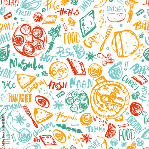 Indian Food seamless pattern background with lettering. Modern Sketch asian menu