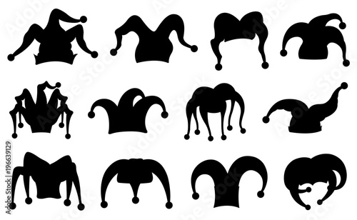 Set of different harlequin hats isolated on white