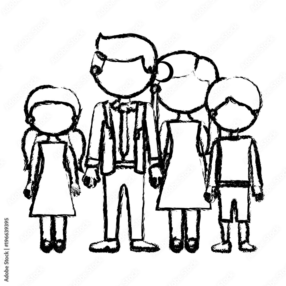 blurred black contour faceless family group in elegant clothing and taken hands vector illustration