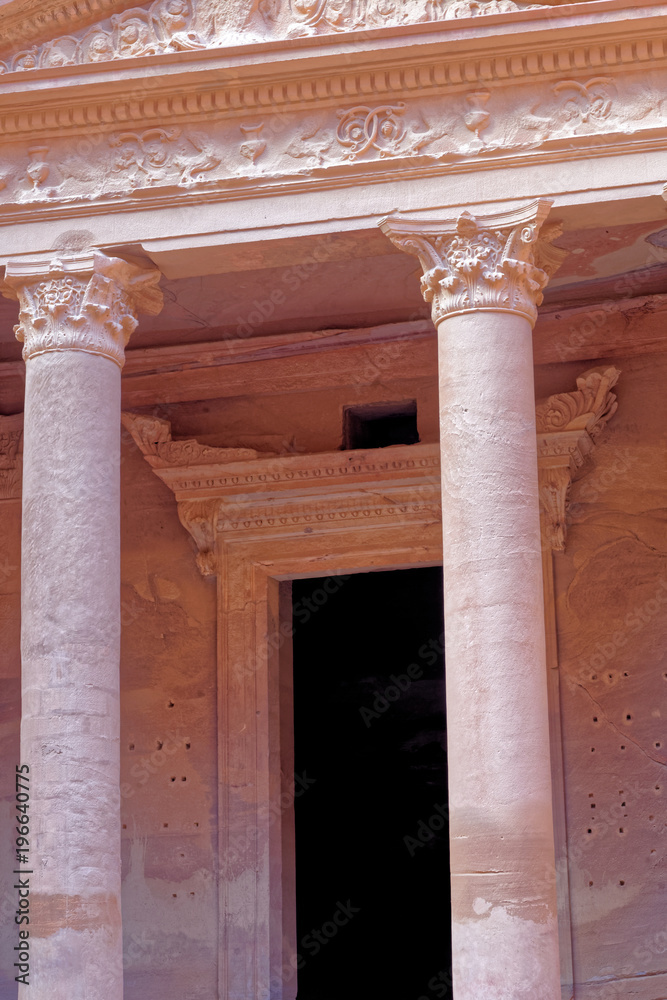 Section of the entrance to the treasure house in Petra, Wadi Musa, Jordan, one of the seven new wonders of the world