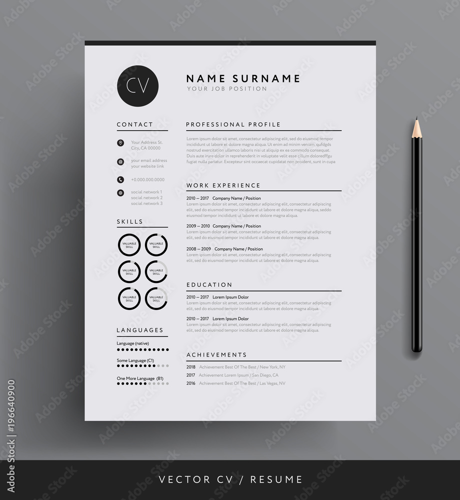 Vetor do Stock: Elegant CV / resume template minimalist black and white  vector | Adobe Stock
