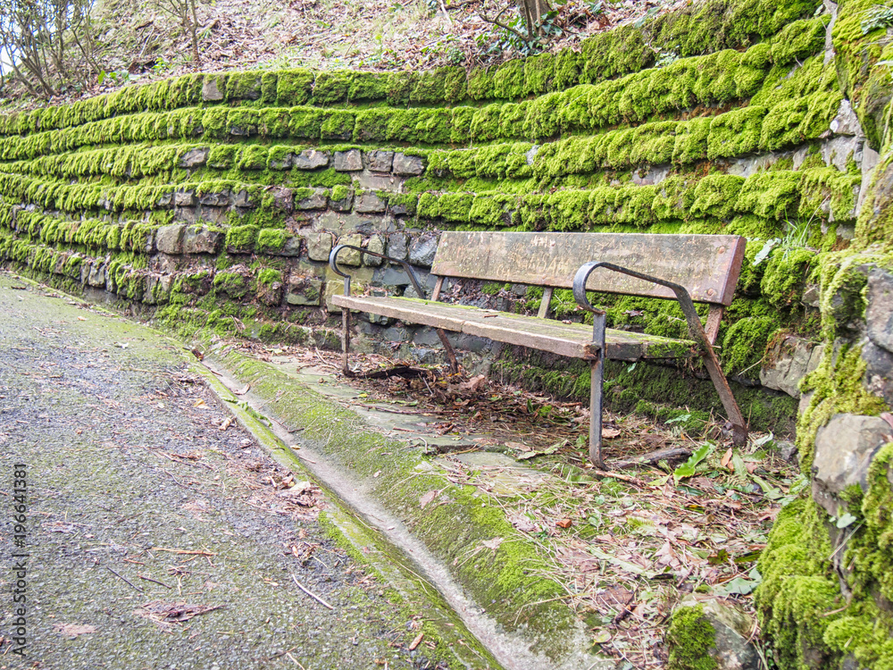 Old wooden bench near a mossy stone wall