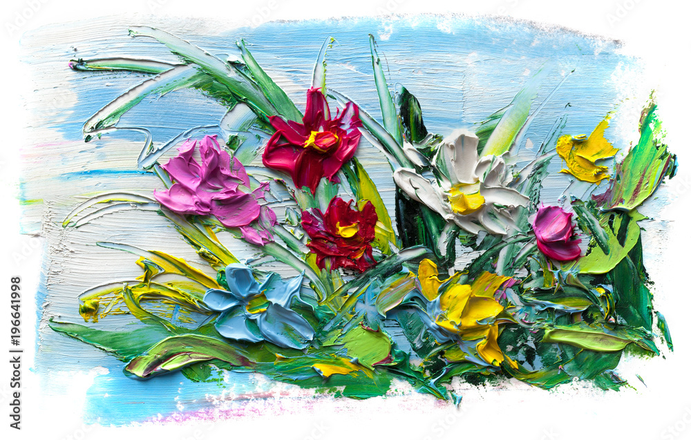 Fototapeta Kolorowe kwiaty na łące pędzlem malowane