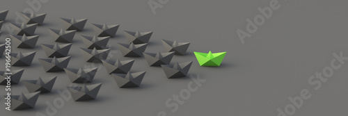 Leadership, success, and teamwork concept, green leader boat leading black boats. 3D Rendering.