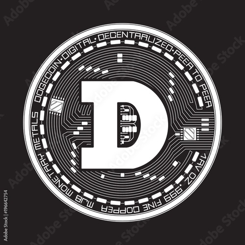 Crypto currency white coin with black dogecoin symbol on obverse isolated on black background. Vector illustration. Use for logos, print products, page and web decor or other design.