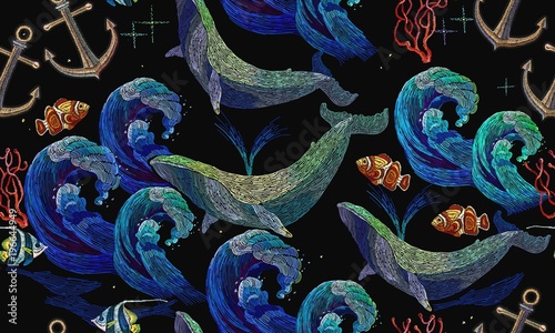 Embroidery whales and anchor seamless pattern. Template for clothes, textiles, t-shirt design. Blue whales float the night sea. Classical art embroidery, big waves ocean and whales seamless pattern