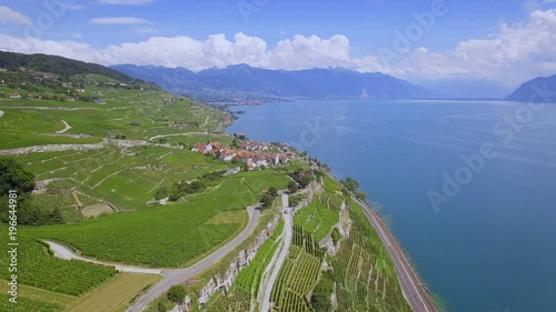 4K Beautiful Switzerland aerial shot. Lake Geneva area, Lavaux UNESCO vineyards scenic panorama