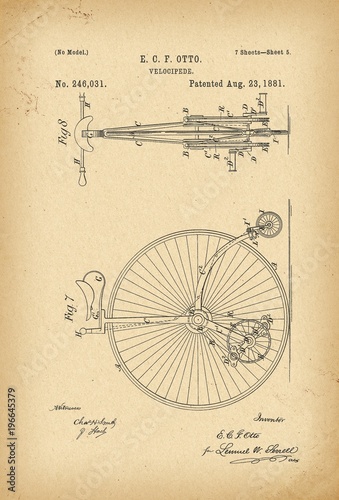 1881 Patent Velocipede Bicycle history  invention photo