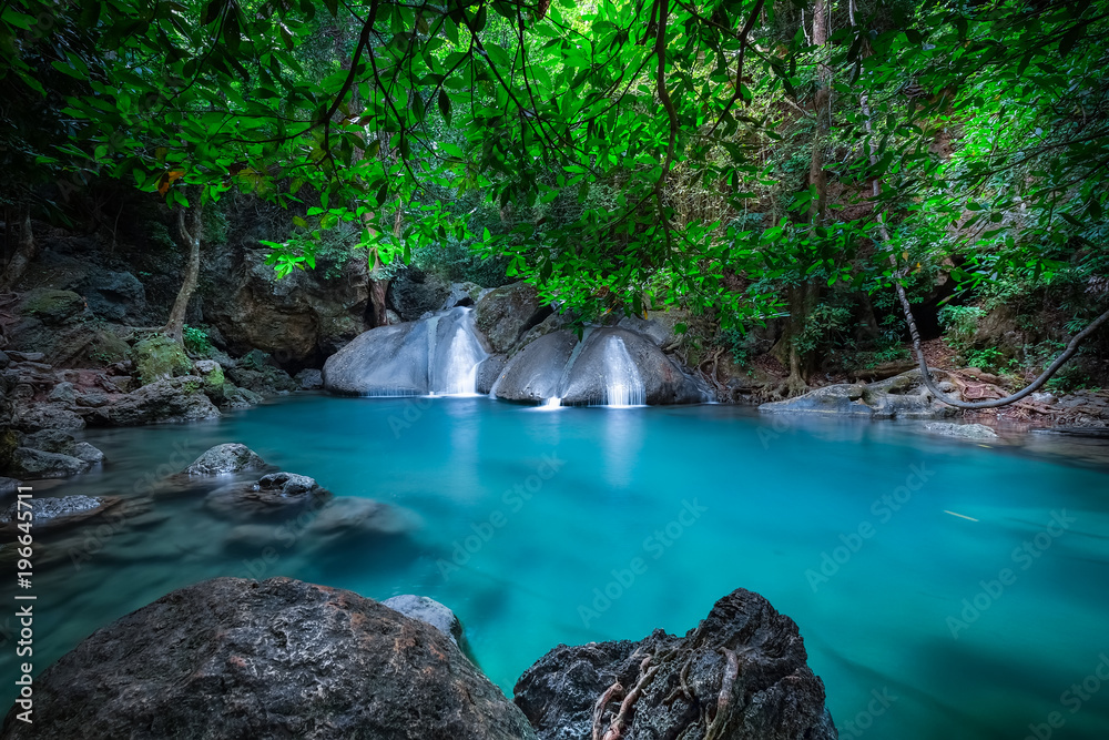Naklejka premium Jangle landscape with Erawan waterfall. Kanchanaburi, Thailand