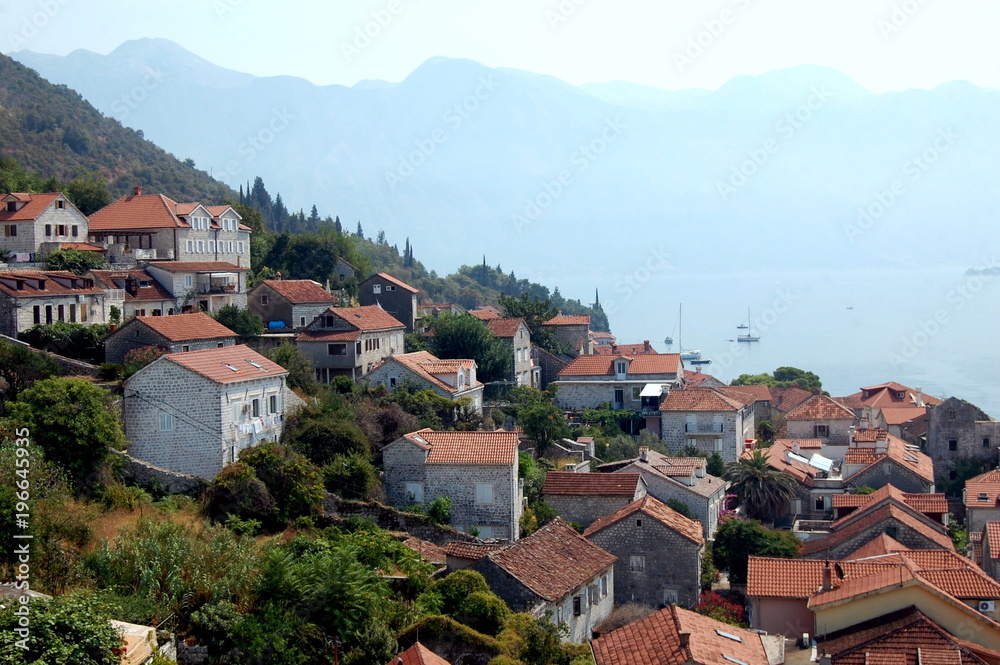 The town of Perast on the background of mount Lovcen in Montenegro.