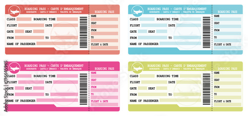 Boarding passes. Colorful flight tickets. Vector icons set.