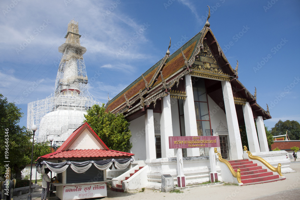 Chedi and ubosot of Wat Phra Mahathat Woramahawihan in Nakhon Si Thammarat, Thailand