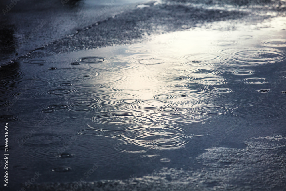 rain puddles on a pavement in city