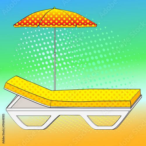 Deck chair under an umbrella on sandy beach. Comic book style imitation. Vintage retro style. Conceptual object