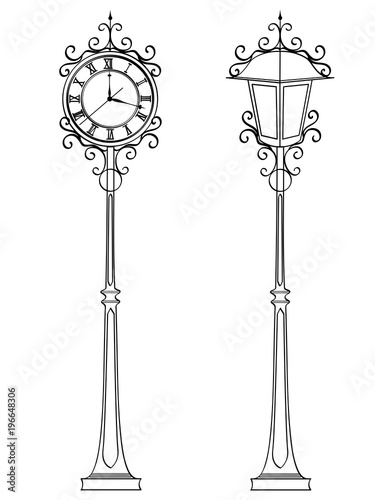 Set bronze vintage street clock with arabic numerals and lamp. Object Coloring book Conceptual
